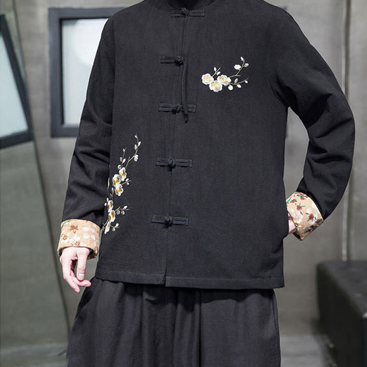Buddha Stones Plum Blossom Ricamo Polsino Fiore Design Rana-bottoni Tang Suit Cotone Lino Giacca Camicia Uomo