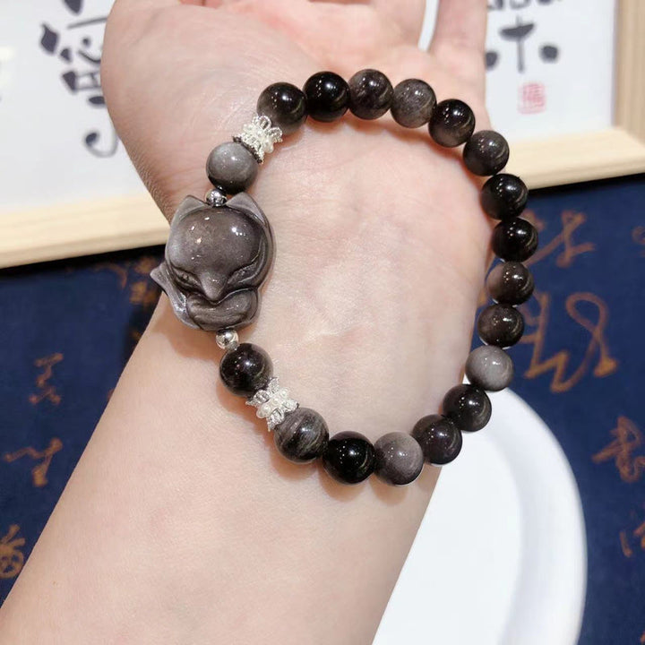 Bracciale di comunicazione Buddha Stones in argento naturale con ossidiana lucida e volpe a nove code