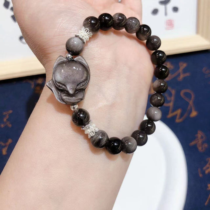 Bracciale di comunicazione Buddha Stones in argento naturale con ossidiana lucida e volpe a nove code