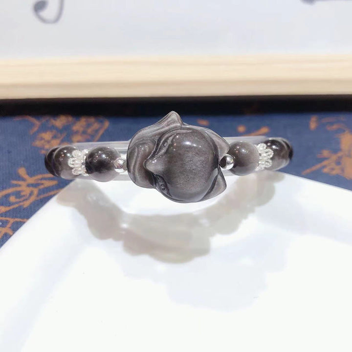 Bracciale di comunicazione Buddha Stones in argento naturale con ossidiana lucida e volpe a nove code
