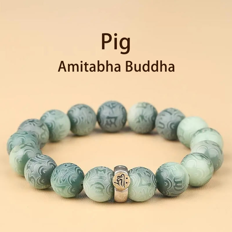 Bracciale della saggezza inciso con Buddha Stones dello zodiaco cinese natale Buddha Bodhi Om Mani Padme Hum - Buddha Maiale-Amitabha - 12 mm (circonferenza del polso 14-17 cm) - image 25