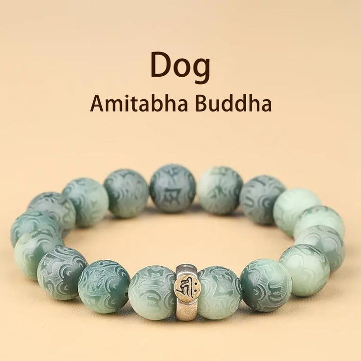 Bracciale della saggezza inciso con Buddha Stones dello zodiaco cinese natale Buddha Bodhi Om Mani Padme Hum - Cane-Buddha Amitabha - 12 mm (circonferenza del polso 14-17 cm) - image 24