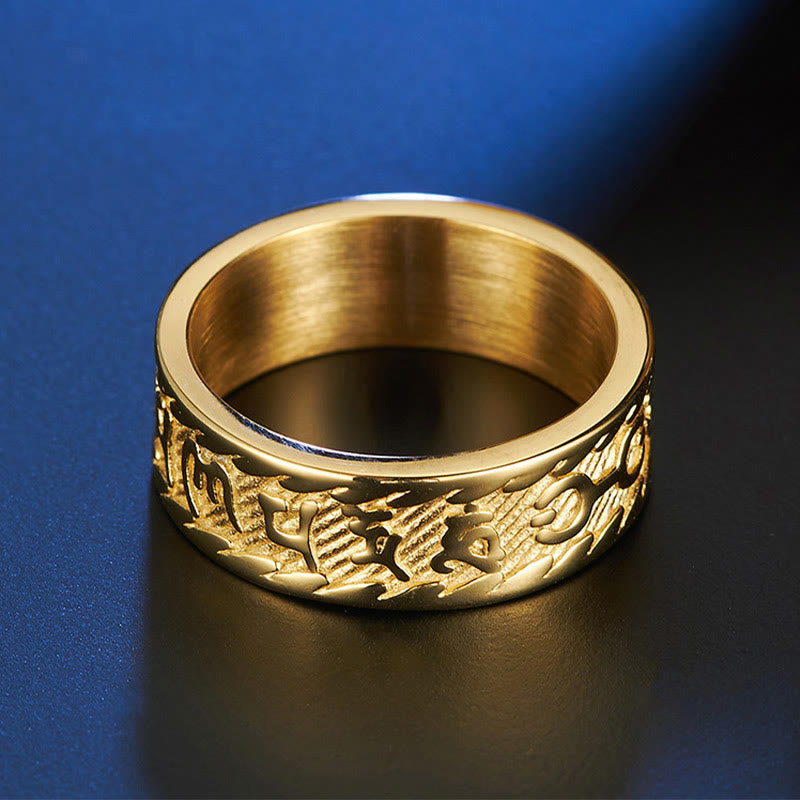 Buddha Stones Sei Vere Parole Om Mani Padme Hum Svastica Anello in Titanio e Acciaio per la Pace