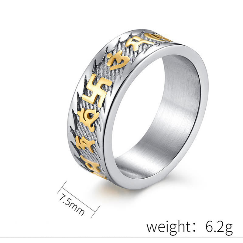 Buddha Stones Sei Vere Parole Om Mani Padme Hum Svastica Anello in Titanio e Acciaio per la Pace