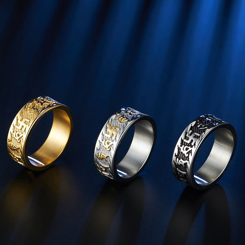 Buddha Stones Sei Vere Parole Om Mani Padme Hum Svastica Anello in Titanio e Acciaio per la Pace