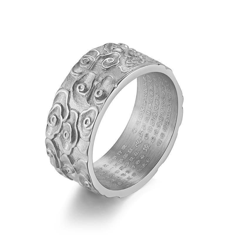 Anello in acciaio al titanio con motivo Sutra del cuore inciso, motivo nuvole di buon auspicio , Buddha Stones, calma