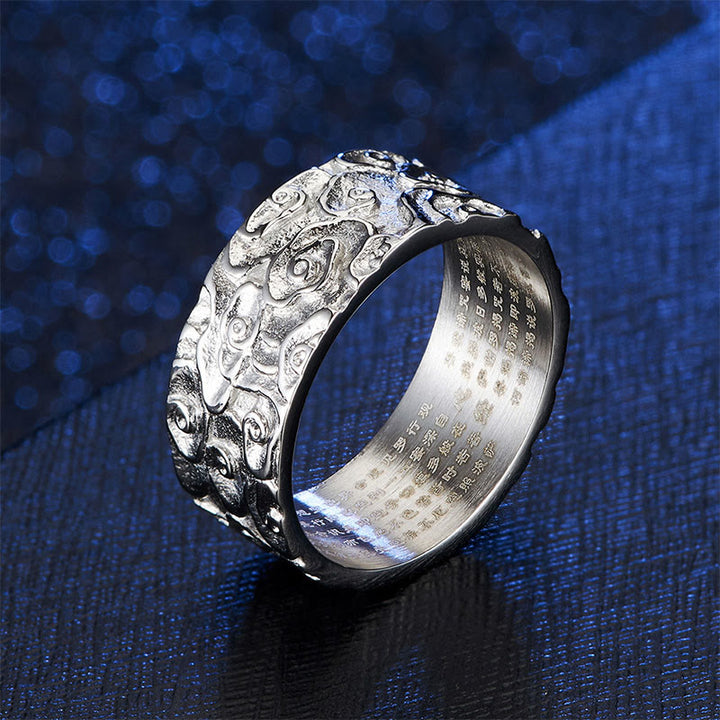 Anello in acciaio al titanio con motivo Sutra del cuore inciso, motivo nuvole di buon auspicio , Buddha Stones, calma