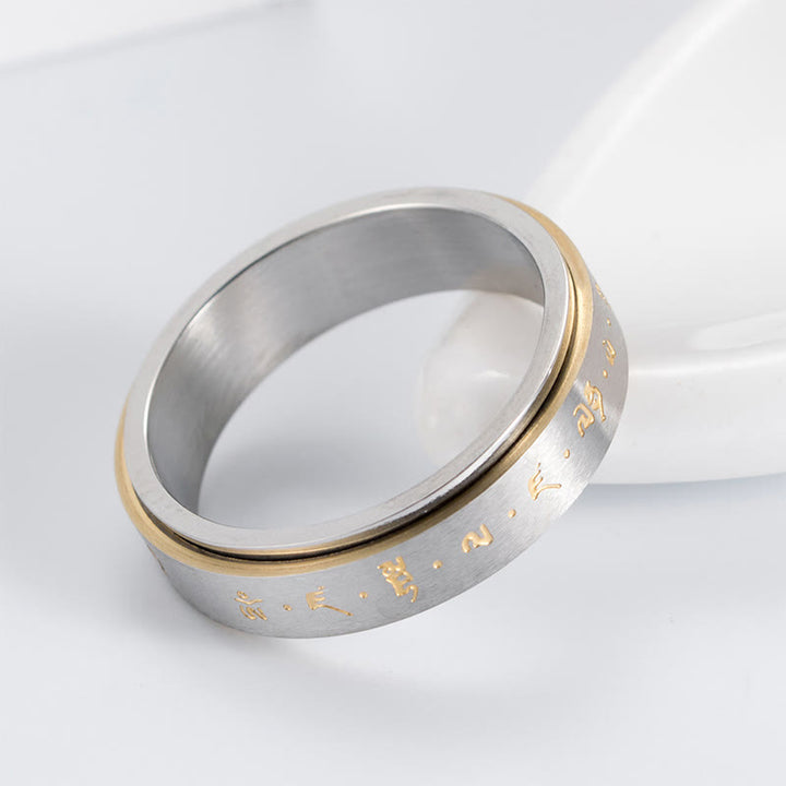 Anello girevole in acciaio al titanio con mantra tibetano Buddha Stones