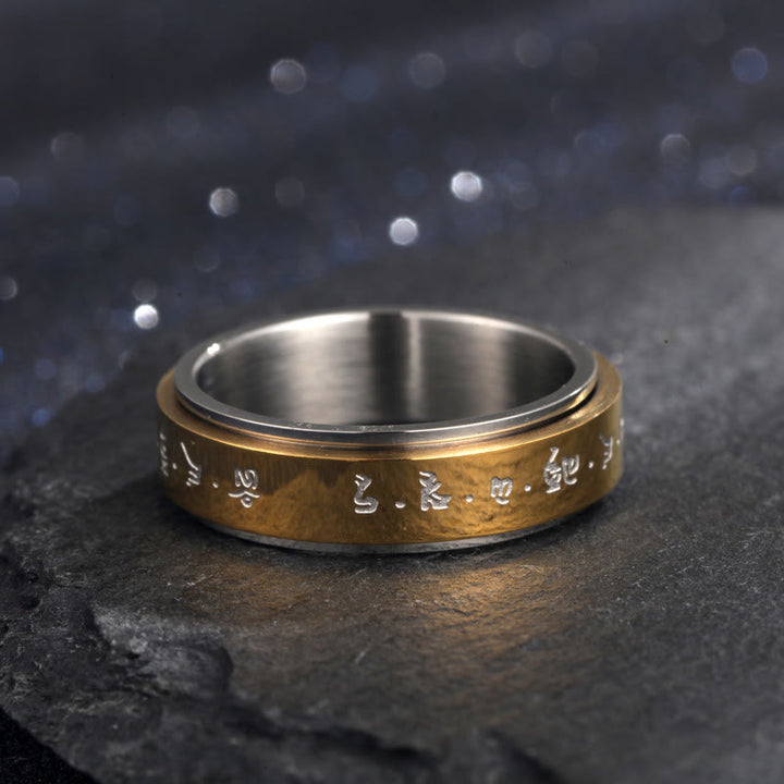 Anello girevole in acciaio al titanio con mantra tibetano Buddha Stones