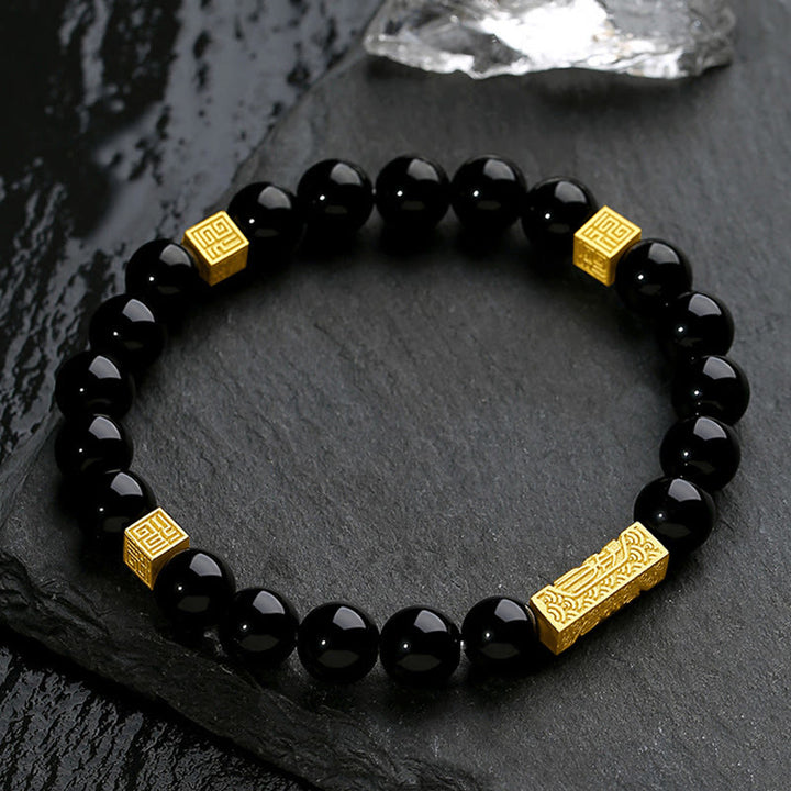 Bracciale Buddha Stones in ossidiana nera, argento sterling 925, carattere Fu, cubo, forza