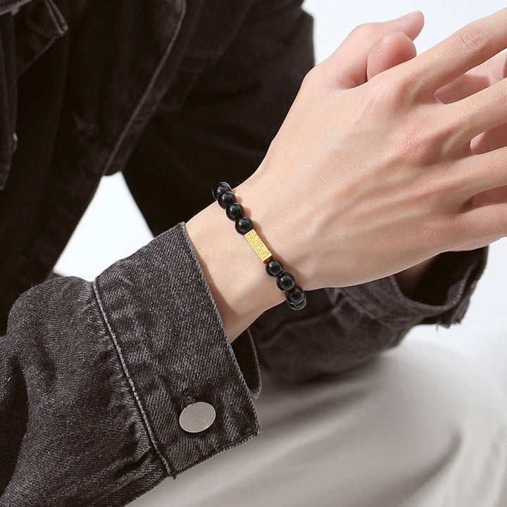 Bracciale Buddha Stones in ossidiana nera, argento sterling 925, carattere Fu, cubo, forza