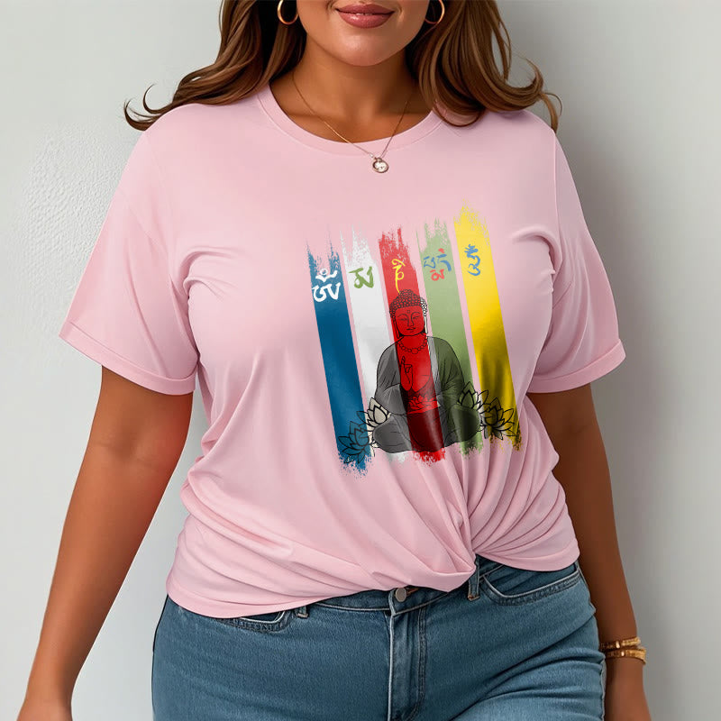 Buddha Stones Sei parole vere 'Om Mani Padme Hum' Buddha seduto con loto Maglietta in cotone - image 16