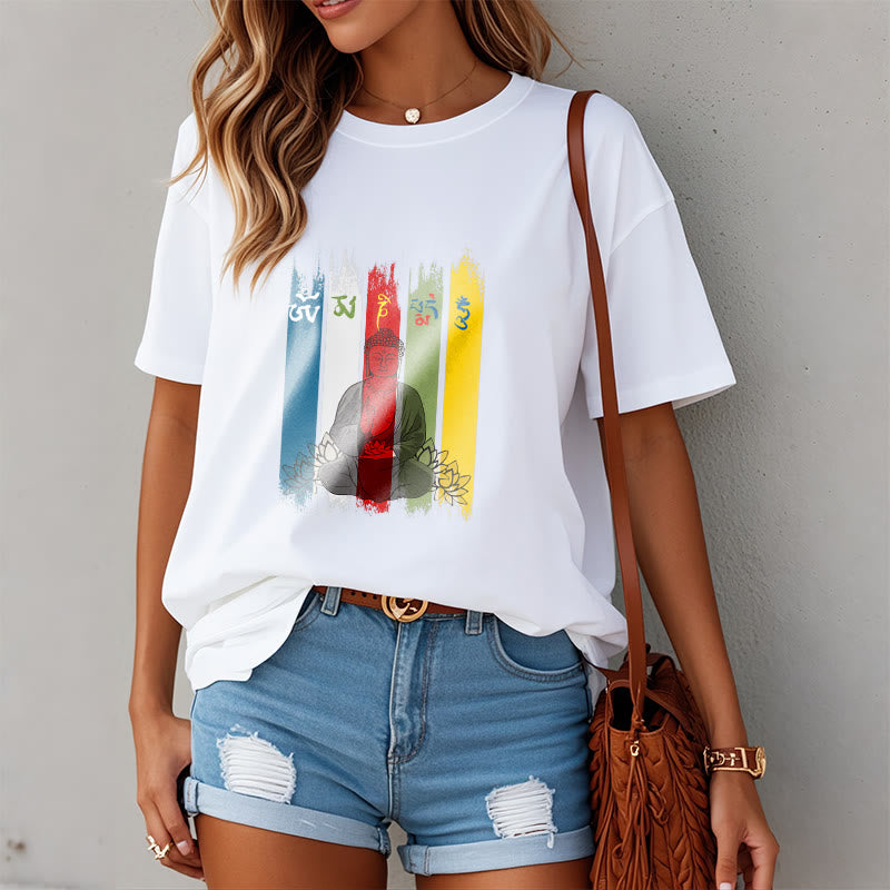 Buddha Stones Sei parole vere 'Om Mani Padme Hum' Buddha seduto con loto Maglietta in cotone - image 11