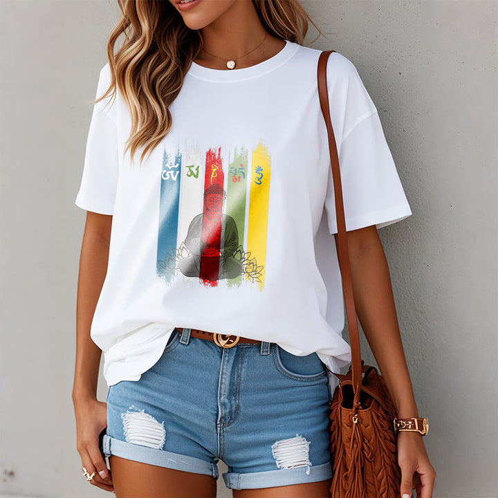 Buddha Stones Sei parole vere 'Om Mani Padme Hum' Buddha seduto con loto Maglietta in cotone - image 11