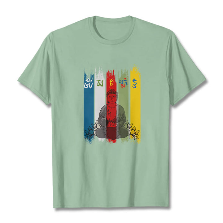 Buddha Stones Sei parole vere 'Om Mani Padme Hum' Buddha seduto con loto Maglietta in cotone - Verde pallido - 2XL - image 19