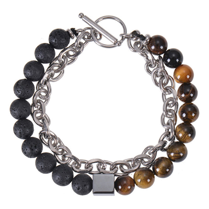 Braccialetto di protezione a doppio giro in acciaio al titanio con magnetite nera, occhio di tigre colorato e pietra smerigliata Buddha Stones