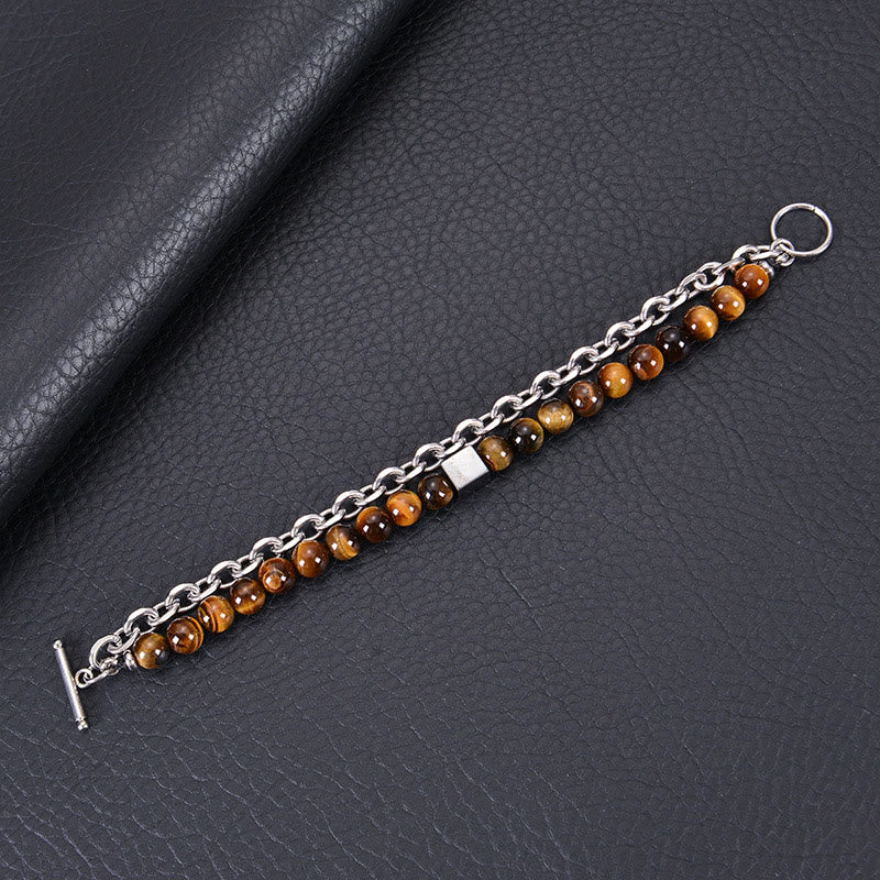 Braccialetto di protezione a doppio giro in acciaio al titanio con magnetite nera, occhio di tigre colorato e pietra smerigliata Buddha Stones