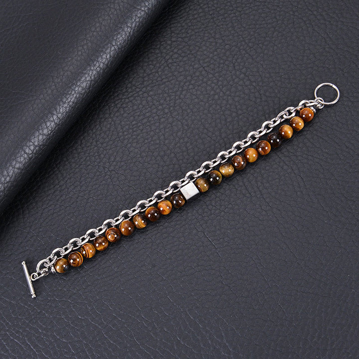 Braccialetto di protezione a doppio giro in acciaio al titanio con magnetite nera, occhio di tigre colorato e pietra smerigliata Buddha Stones