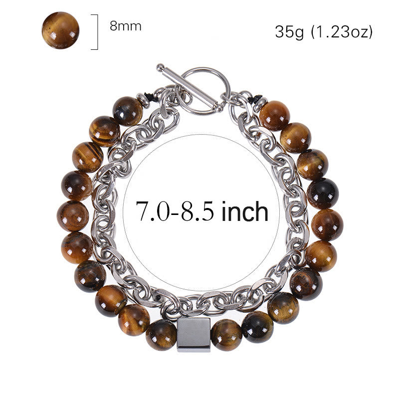 Braccialetto di protezione a doppio giro in acciaio al titanio con magnetite nera, occhio di tigre colorato e pietra smerigliata Buddha Stones