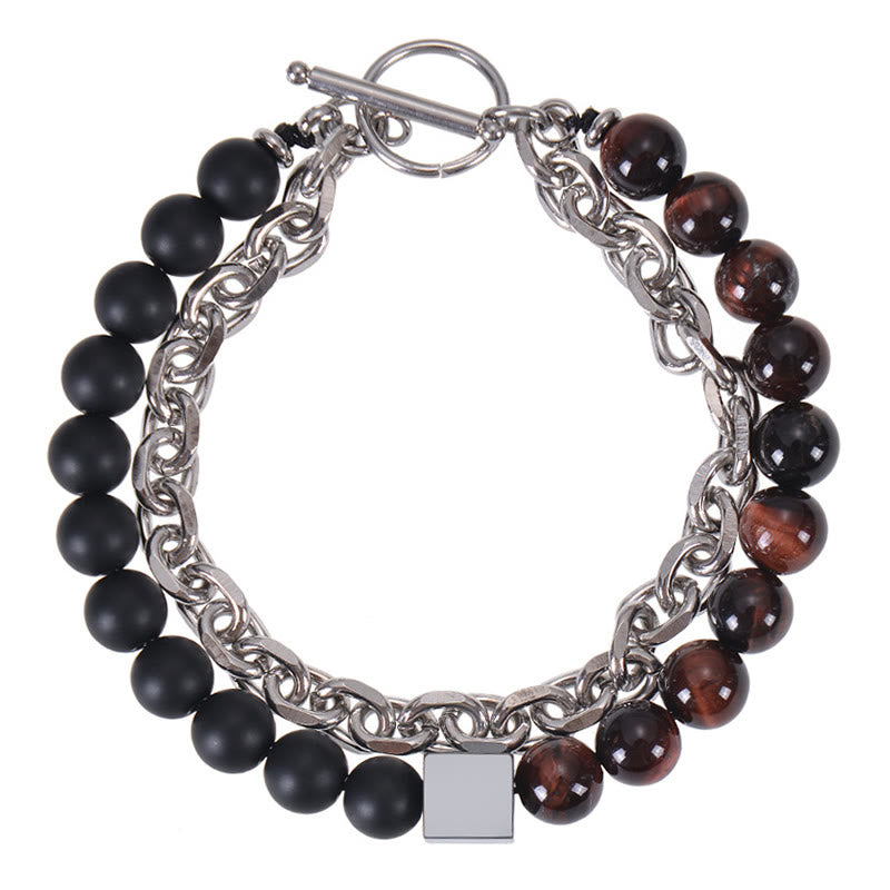 Braccialetto di protezione a doppio giro in acciaio al titanio con magnetite nera, occhio di tigre colorato e pietra smerigliata Buddha Stones