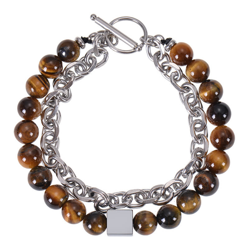 Braccialetto di protezione a doppio giro in acciaio al titanio con magnetite nera, occhio di tigre colorato e pietra smerigliata Buddha Stones