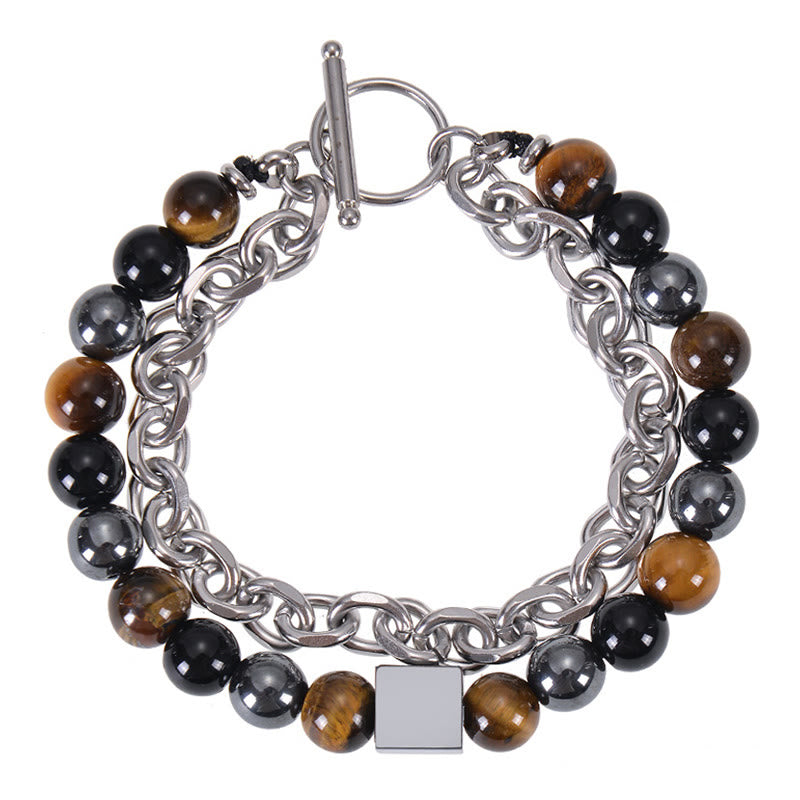 Braccialetto di protezione a doppio giro in acciaio al titanio con magnetite nera, occhio di tigre colorato e pietra smerigliata Buddha Stones
