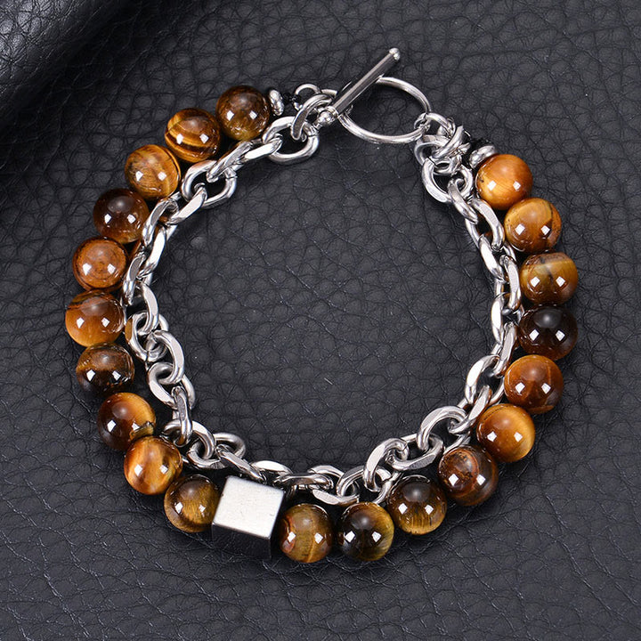 Braccialetto di protezione a doppio giro in acciaio al titanio con magnetite nera, occhio di tigre colorato e pietra smerigliata Buddha Stones