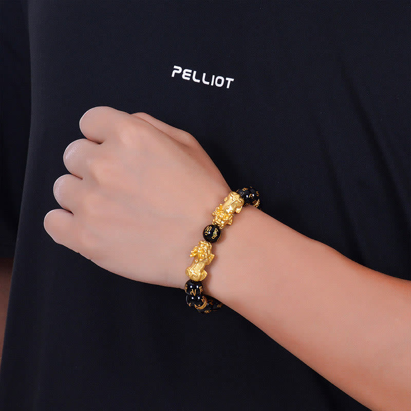 Buddha Stones Ossidiana nera Onice nero Lega dorata Due PiXiu Om Mani Padme Hum Braccialetto di forza