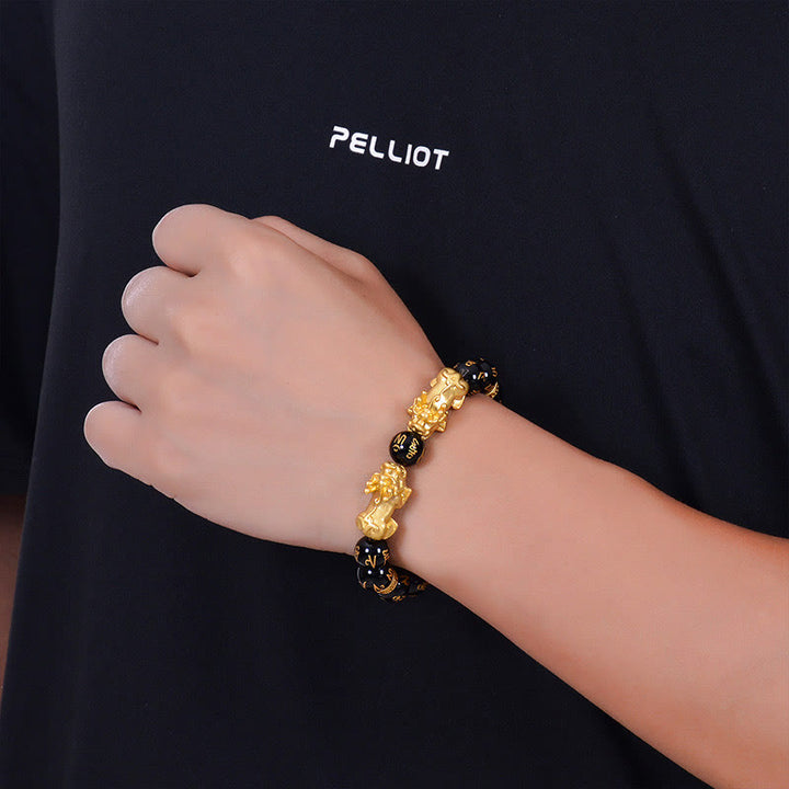 Buddha Stones Ossidiana nera Onice nero Lega dorata Due PiXiu Om Mani Padme Hum Braccialetto di forza