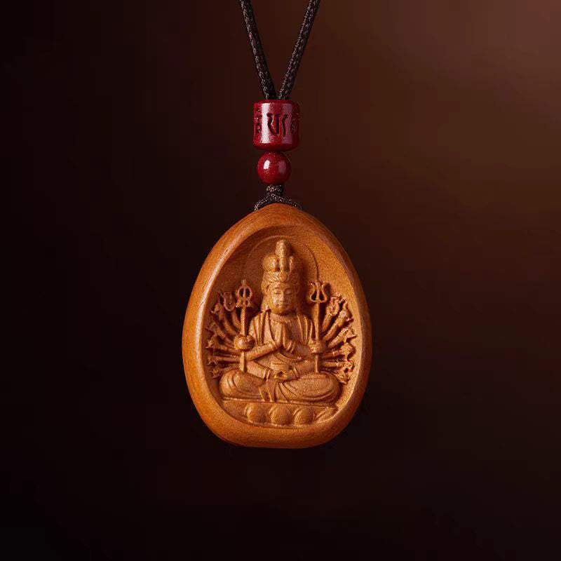 Buddha Stones Legno di pesca Cinabro Om Mani Padme Hum Zodiaco cinese Collana con corda nera Pendenti - Topo di legno di pesco - image 14