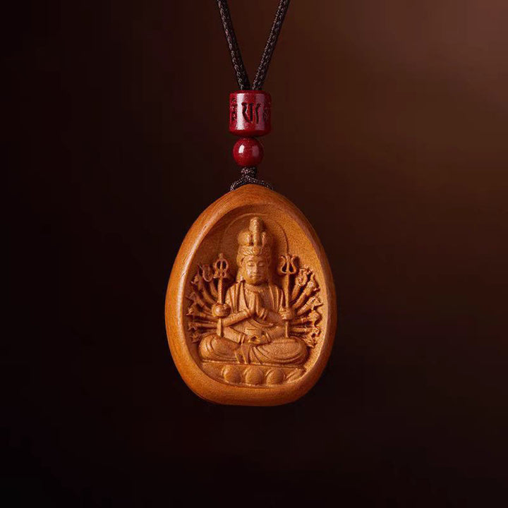 Buddha Stones Legno di pesca Cinabro Om Mani Padme Hum Zodiaco cinese Collana con corda nera Pendenti - Topo di legno di pesco - image 14