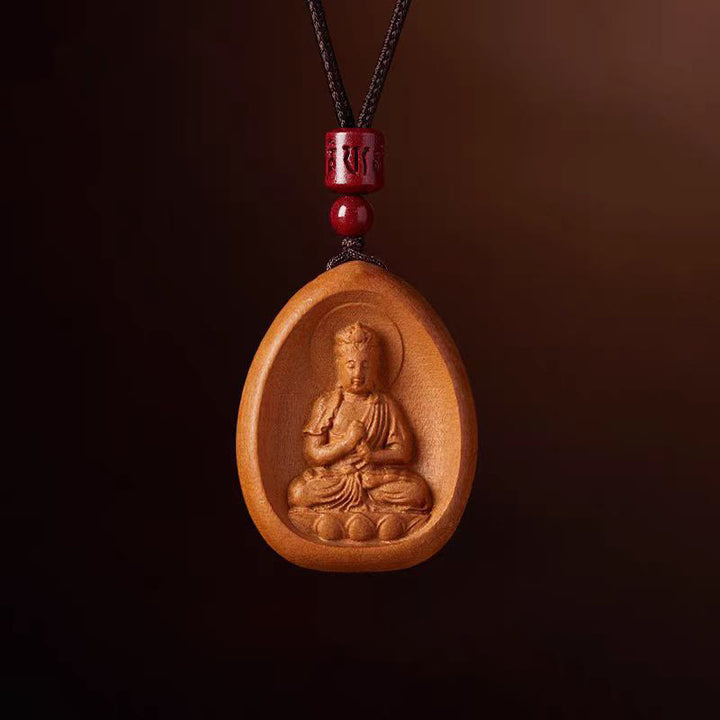 Buddha Stones Legno di pesca Cinabro Om Mani Padme Hum Zodiaco cinese Collana con corda nera Pendenti - Scimmia capra di legno di pesco - image 18