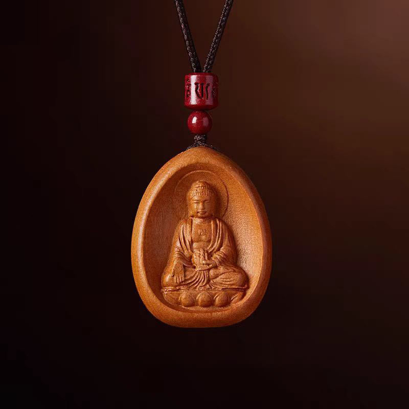 Buddha Stones Legno di pesca Cinabro Om Mani Padme Hum Zodiaco cinese Collana con corda nera Pendenti - Peach Wood-Cane Maiale - image 20