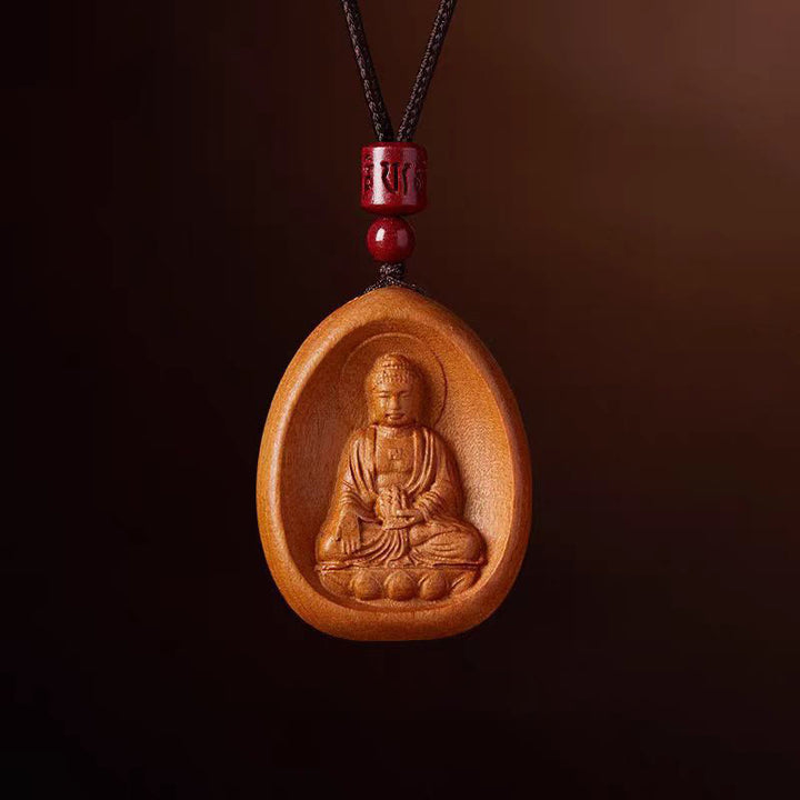 Buddha Stones Legno di pesca Cinabro Om Mani Padme Hum Zodiaco cinese Collana con corda nera Pendenti - Peach Wood-Cane Maiale - image 20