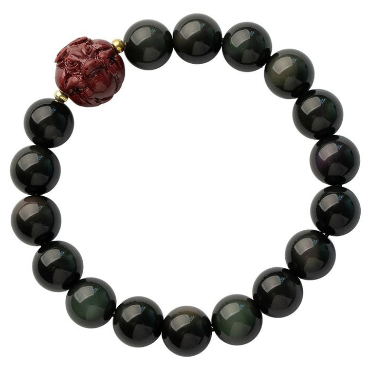 Braccialetto di purificazione naturale in ossidiana nera e cinabro dello zodiaco cinese Buddha Stones