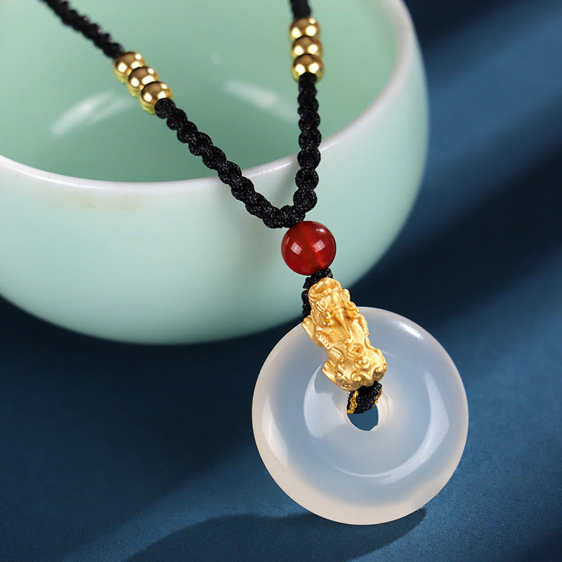 Buddha Stones Onice nero Agata bianca Fibbia della pace Argento Sterling 999 Oro PiXiu Collana con ciondolo della fortuna - Agata bianca, argento sterling 999, oro PiXiu (lunghezza: circa 36 cm) - image 9