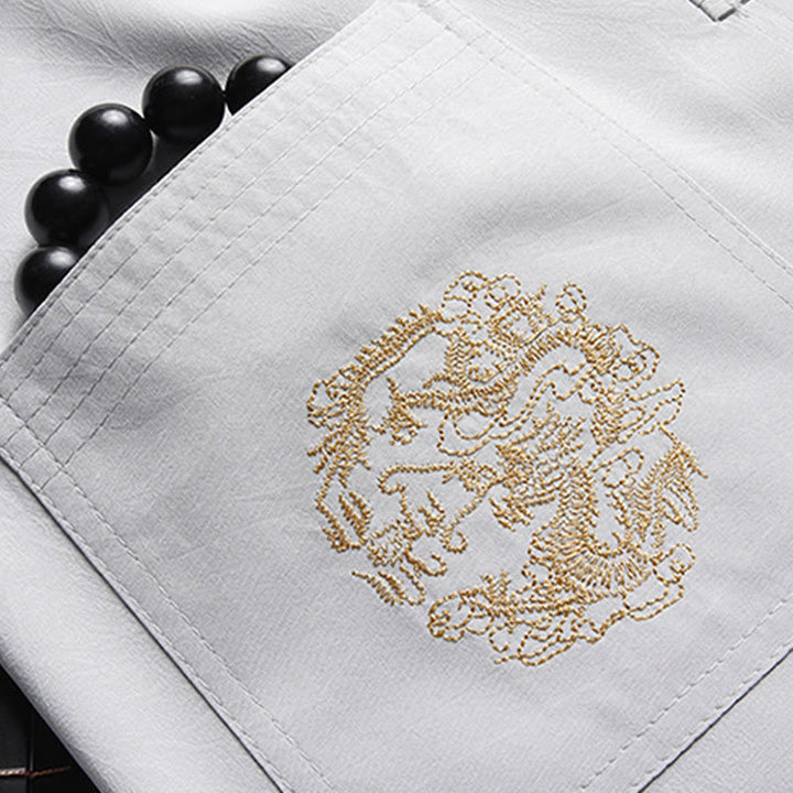 Buddha Stones Capodanno cinese Drago ricamato Rana-bottoni Tang Suit Hanfu tradizionale uniforme Top manica lunga Pantaloni Abbigliamento Uomo Set