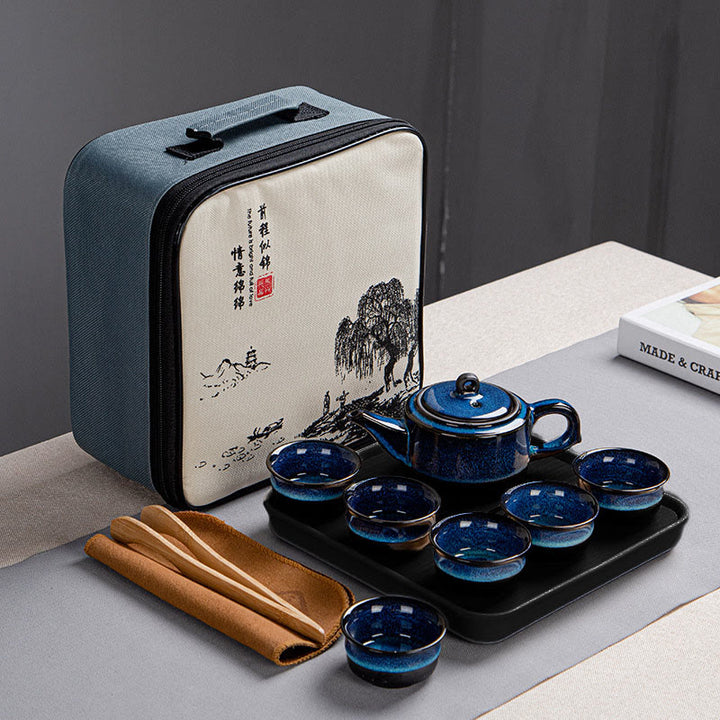 Buddha Stones Blu Gradiente Colore Cinese Gongfu Tè Teiera in Ceramica Portatile Sacchetto Regalo Scatola Set