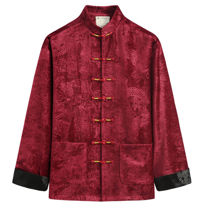 Buddha Stones Capodanno cinese Drago Nuvole di buon auspicio Rana-bottoni Tang Suit Giacca Camicia da uomo con tasche