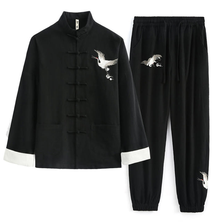 Buddha Stones Capodanno cinese Gru ricamo Tang Suit Hanfu manica lunga Top Pantaloni Abbigliamento cotone lino uomo set con tasche