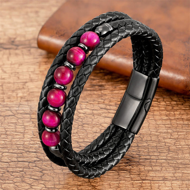 Braccialetto in pelle positivo con perline di onice nero e occhio di tigre Buddha Stones Lava Rock Ematite - Occhio di tigre rosso rosa - 18-22 cm - image 4