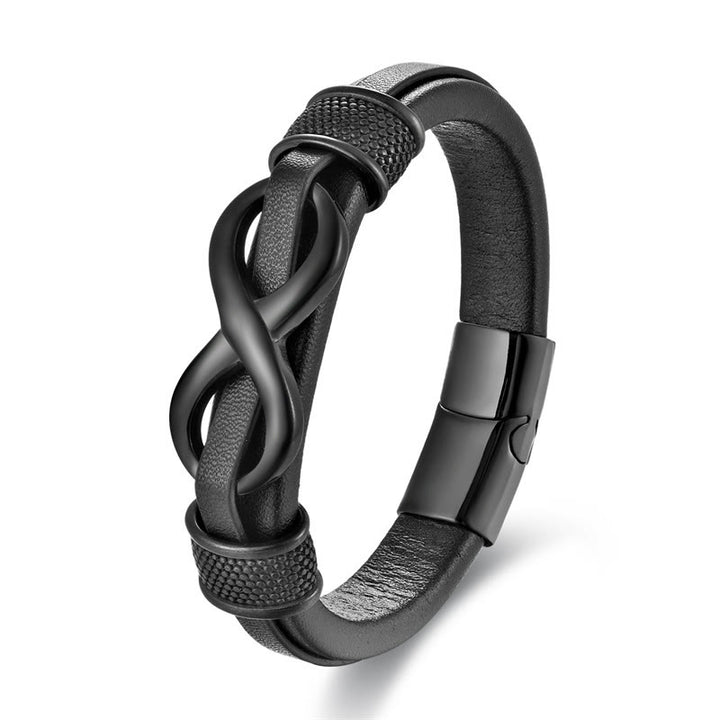 Bracciale con fibbia in pelle e bilanciamento in acciaio al titanio con simbolo dell'infinito e nodo infinito Buddha Stones