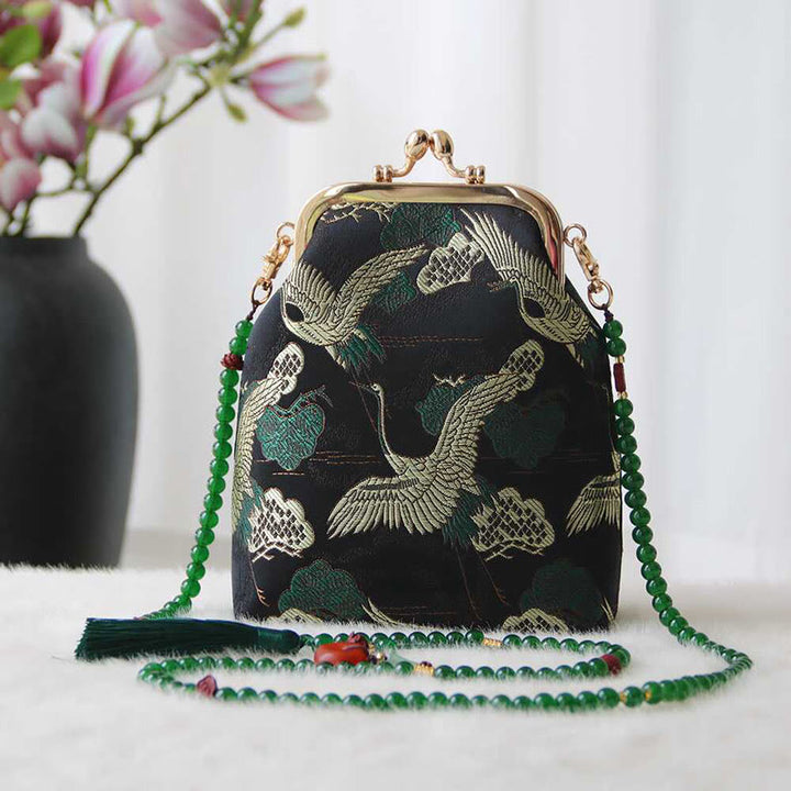 Borsa a tracolla con catena di perle e ricamo cinese retrò Buddha Stones - Gru nera 14*6*18cm - image 1