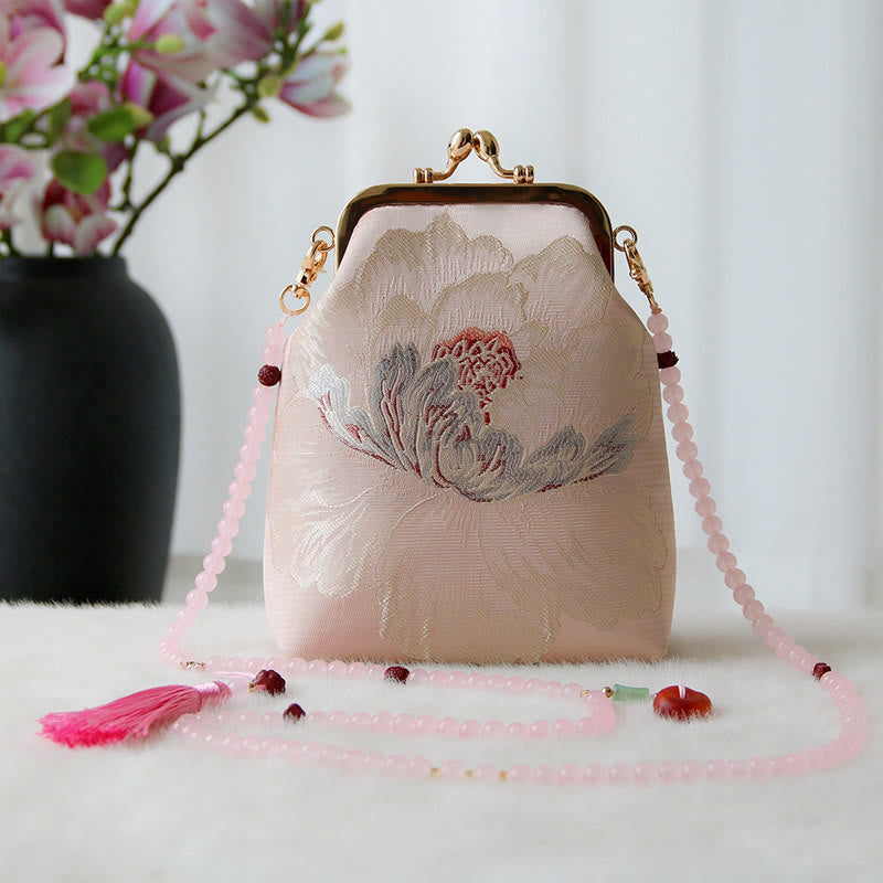 Borsa a tracolla con catena di perle e ricamo cinese retrò Buddha Stones - Fiore rosa 14*6*18cm - image 12