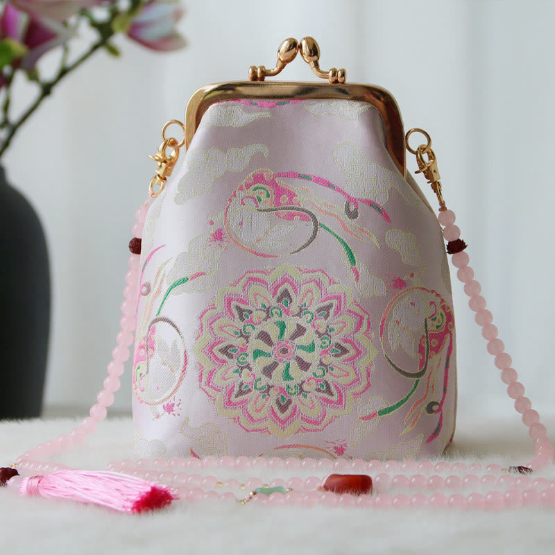 Borsa a tracolla con catena di perle e ricamo cinese retrò Buddha Stones - Mandala rosa 14*6*18cm - image 15