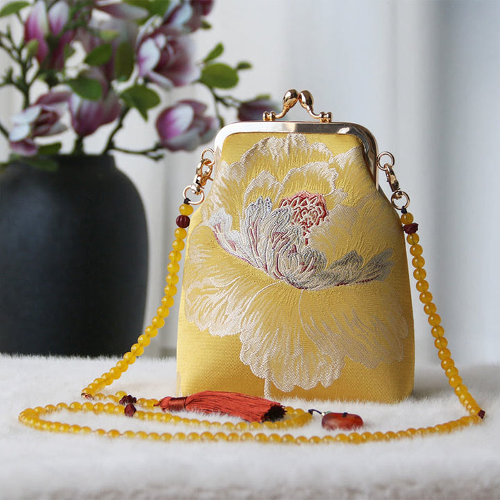 Borsa a tracolla con catena di perle e ricamo cinese retrò Buddha Stones - Fiore giallo 14*6*18cm - image 27