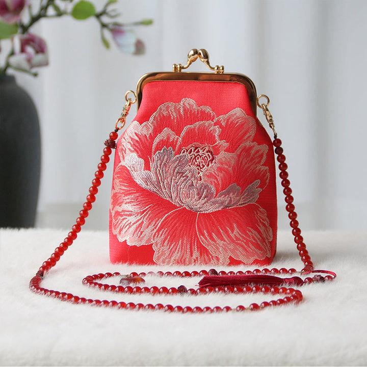Borsa a tracolla con catena di perle e ricamo cinese retrò Buddha Stones - Fiore rosso grande 14*6*18cm - image 29