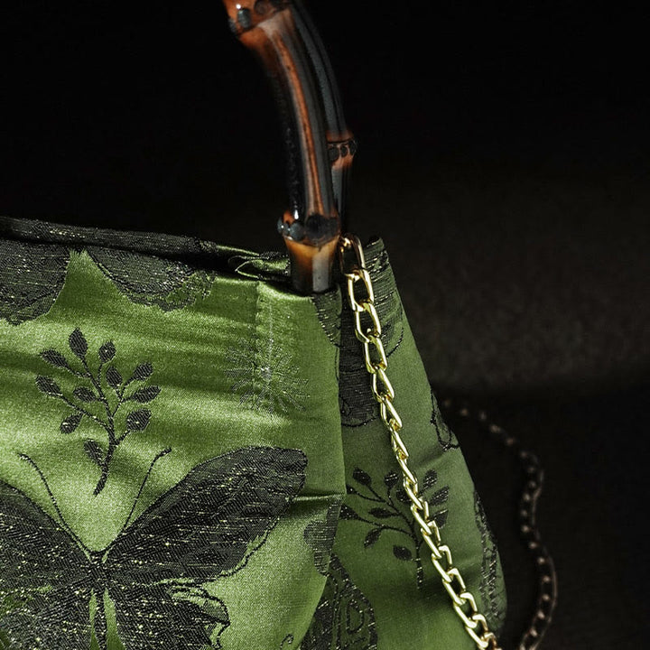 Borsa a tracolla con catena in metallo e manico in bambù, motivo : Buddha Stones Jacquard Flowers Butterfly Hangbags