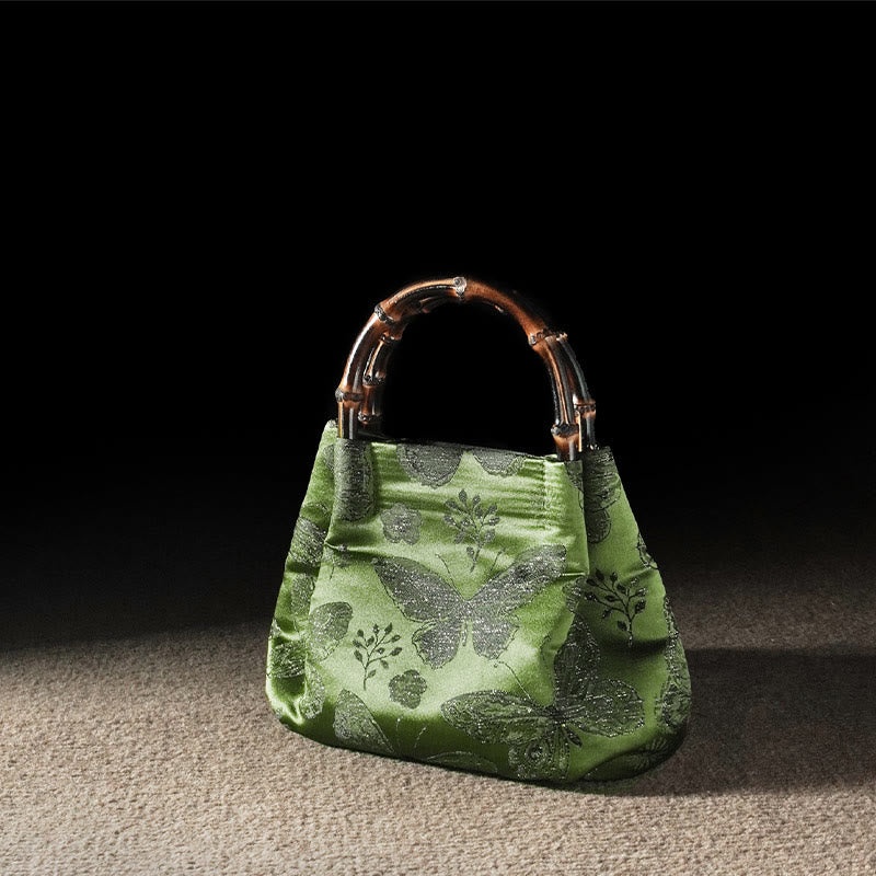 Borsa a tracolla con catena in metallo e manico in bambù, motivo : Buddha Stones Jacquard Flowers Butterfly Hangbags