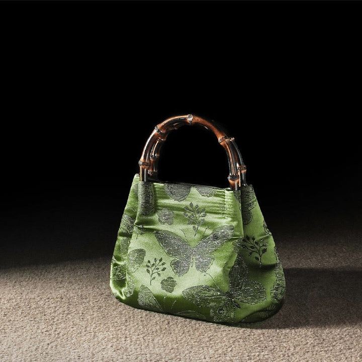 Borsa a tracolla con catena in metallo e manico in bambù, motivo : Buddha Stones Jacquard Flowers Butterfly Hangbags